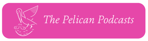 The Pelican Podcast Logo, pink banner with white text and drawing of a pelican
